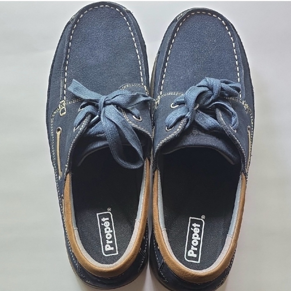 Propet Men’s Navy Canvas Boat Shoes with Tan Collar